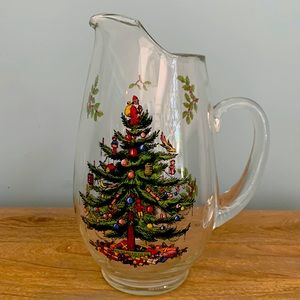 Spode Christmas Glass Pitcher approximately 10 1/2 in tall. Great condition